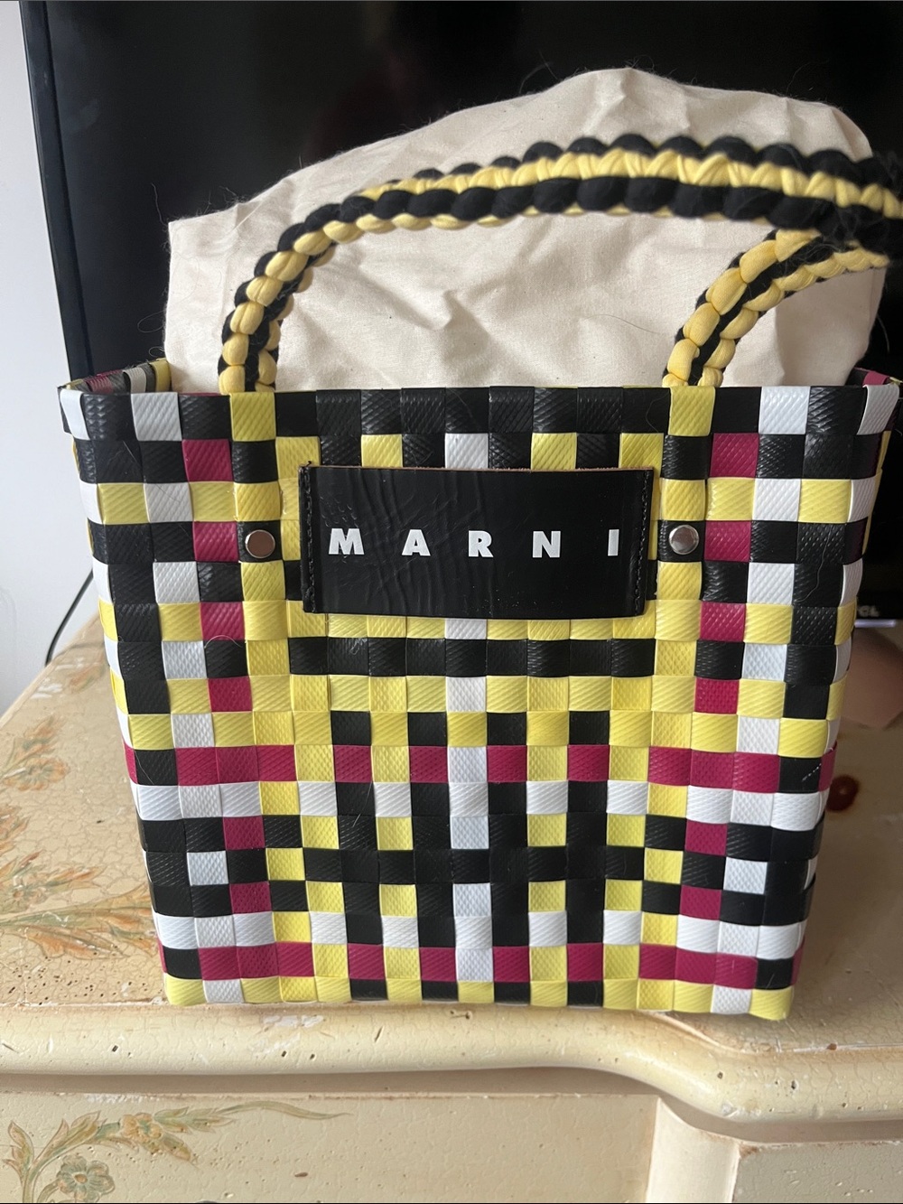 Marni Yellow Black White Pink Woven Mini Tote